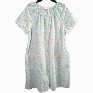 Vintage Carriage Court Pearl Snap Down Aqua Blue Floral Mumu Granny Nightgown L